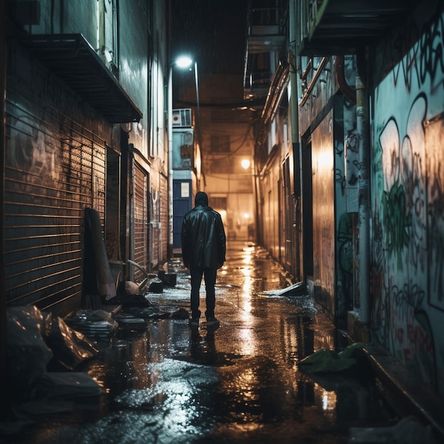 A man stands in an alley with graffiti on the walls.