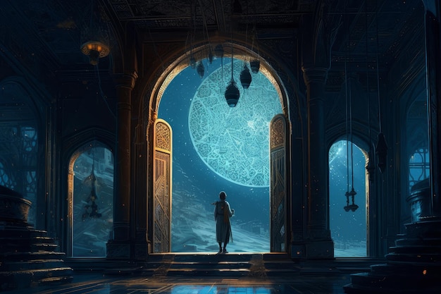 A man stands in an archway looking at a large moon.