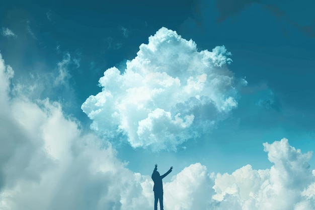 A man stands atop a hill surrounded by clouds in the sky Draw a person reaching into a cloud to symbolize data retrieval from cloud storage AI Generated