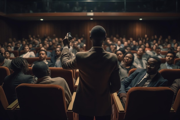 A man stands in a auditorium with a microphone and speaks into a microphone