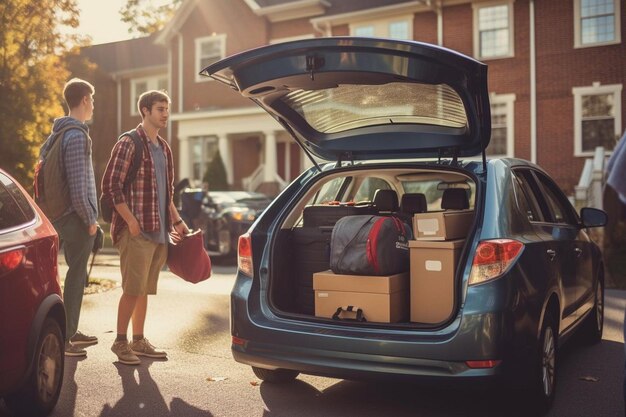 Photo a man stands in the back of a car with the trunk open and a box on the back