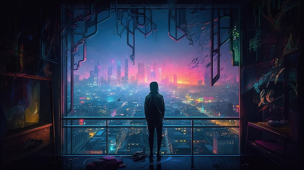 A man stands on a balcony looking at a cityscape.