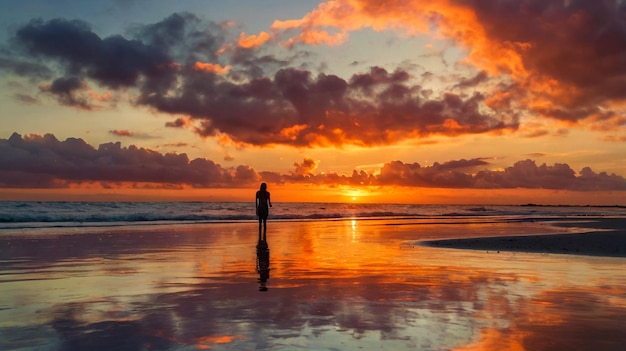 a man stands on the beach in front of a sunset