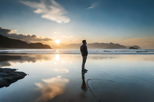 A man stands on a beach looking out to the ocean at sunset.