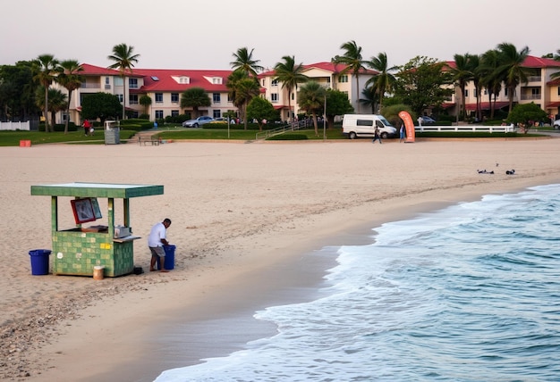 a man stands on the beach near a building with a red roof