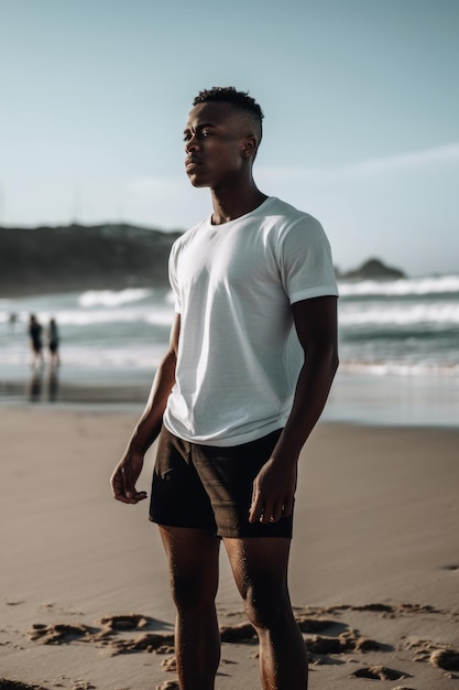 A man stands on the beach wearing a white t - shirt and shorts.