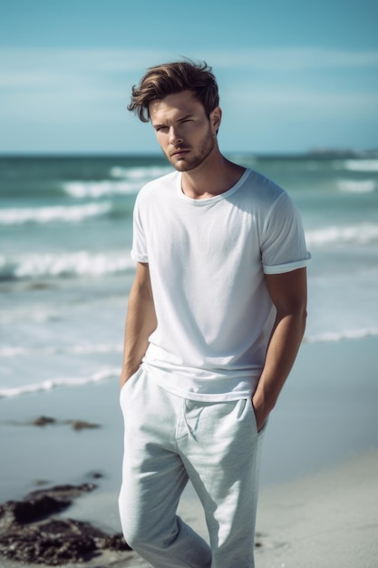 A man stands on the beach wearing a white t - shirt and white shorts.