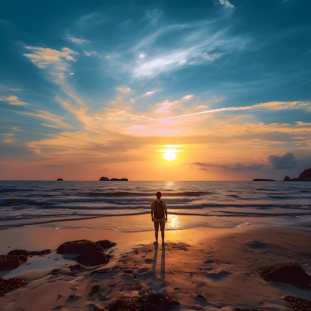 A man stands on the beach with a background of blue sky and colorful beautiful clouds