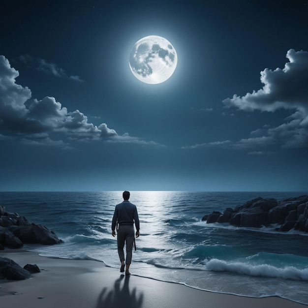 a man stands on a beach with the moon in the background