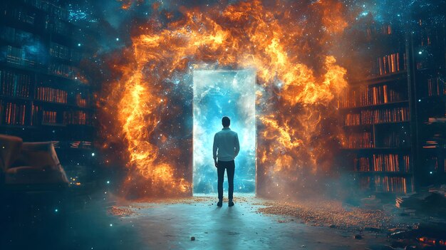 Photo a man stands before a fiery portal in a mystical library contemplating his next adventure