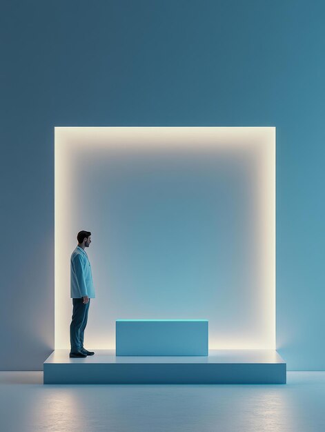 Photo a man stands before a white platform bathed in soft light symbolizing opportunity possibilit