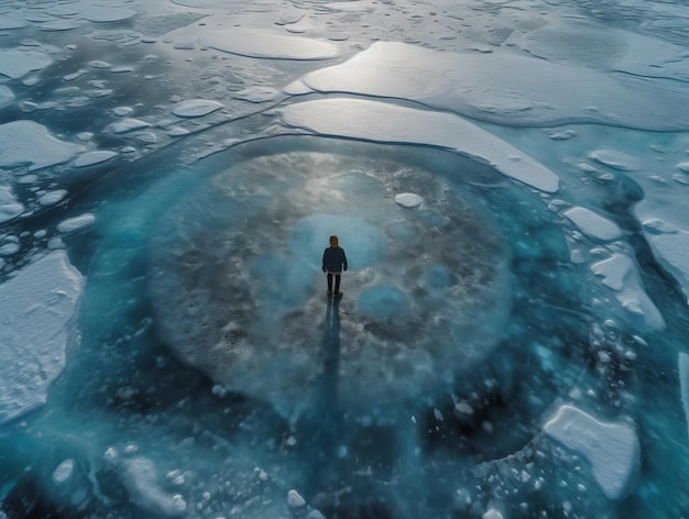 A man stands on biggest transparent ice generative AI