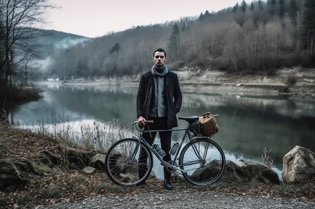 A man stands next to a bike by a river.