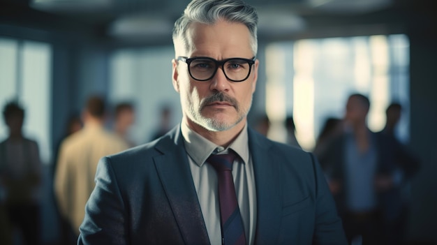 Man stands in blue suit and tie in the office