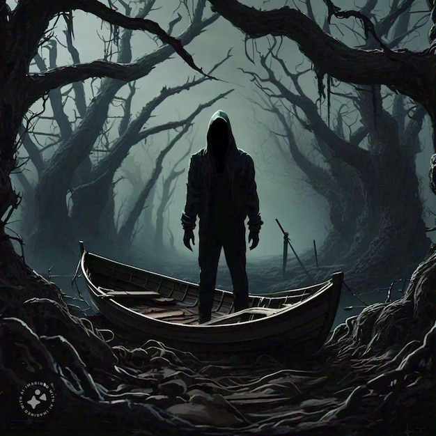 Photo a man stands in a boat in a dark forest