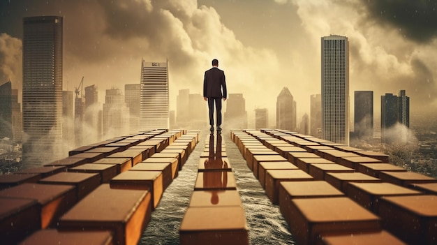 A man stands on a bridge with gold bars in front of a cityscape.