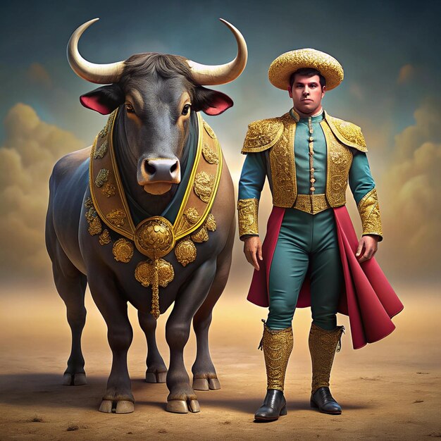 a man stands next to a bull and a bull