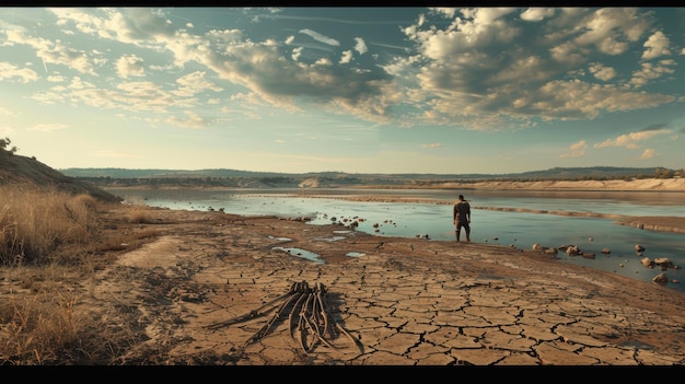 A man stands by a dried riverbed highlighting the effects of drought and climate change