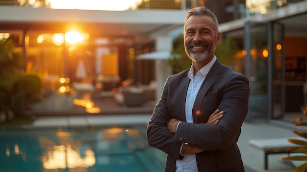 a man stands by a swimming pool with his arms crossed