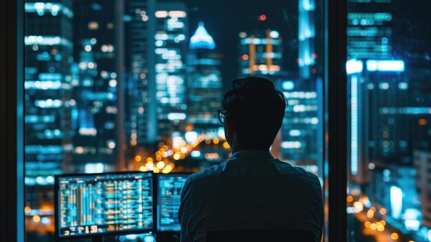 Man stands by window gazing out at city lights at night Perfect for illustrating urban life and contemplation