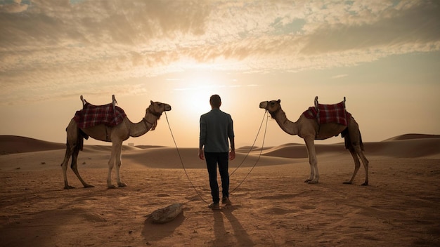 a man stands next to a camel and the camels are standing in the desert