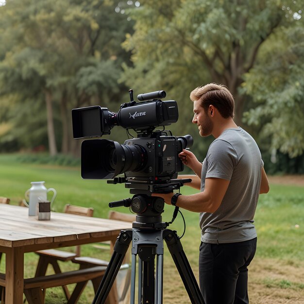 Photo a man stands behind a camera with a camera on it