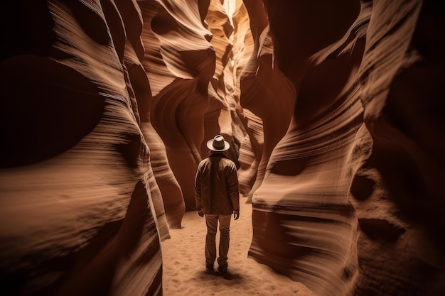 A man stands in a canyon with the word grand in the middle.