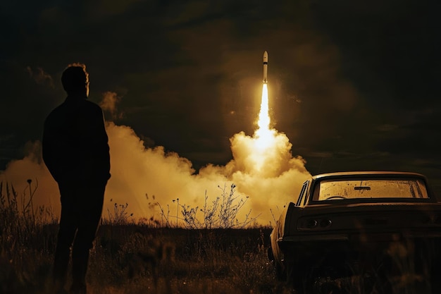 Photo a man stands next to a car that has a stick on it