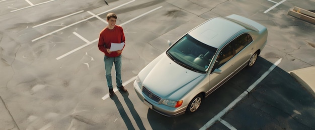 Photo a man stands next to a car with a book on the front