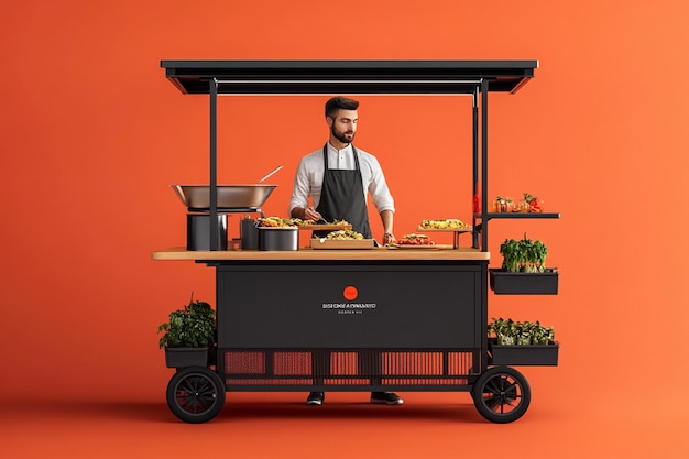 a man stands behind a cart that says quot chef quot on it