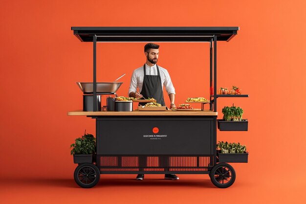 Photo a man stands behind a cart that says quot chef quot on it