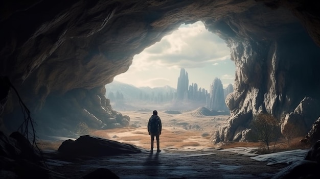 A man stands in a cave with mountains in the backgroundgenerative ai