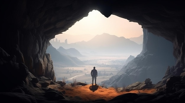 A man stands in a cave with mountains in the backgroundgenerative ai