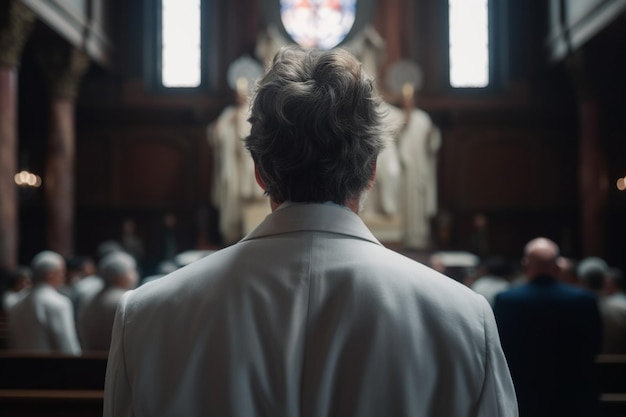 A man stands in a church and looks at the cross in the background.