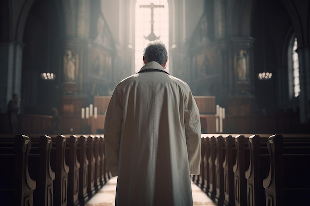 A man stands in a church and looks at the cross in the background.