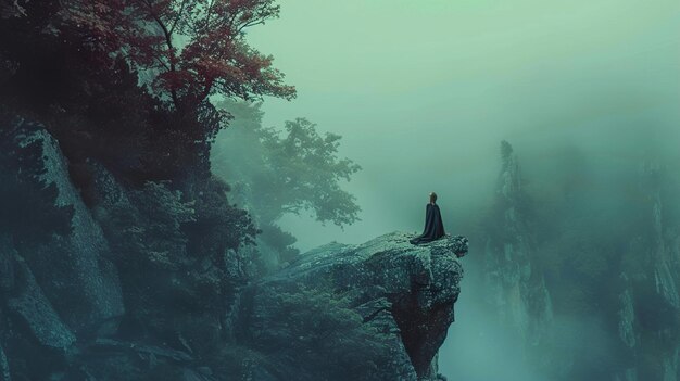 Photo a man stands on a cliff in the fog