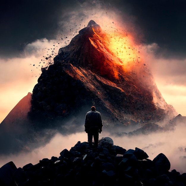 A man stands on a cliff in front of a mountain with the words " fire " on it.