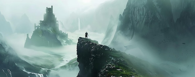 a man stands on a cliff in front of a waterfall