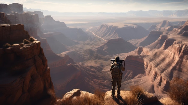 A man stands on a cliff looking at a canyon.