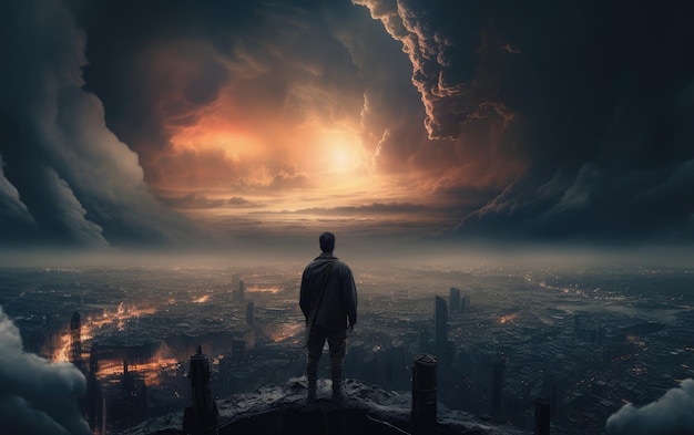 A man stands on a cliff looking at a city below a cloudy sky