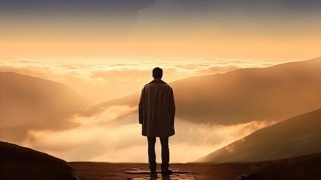 A man stands on a cliff looking at the clouds