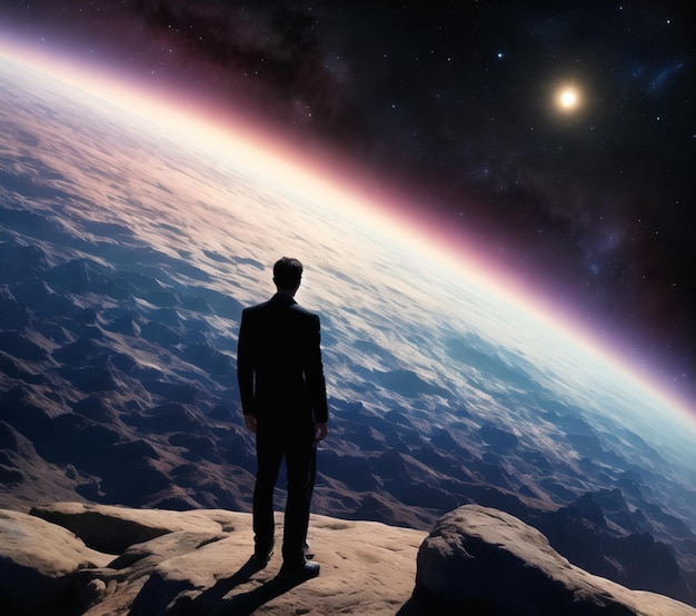 A man stands on a cliff looking at the earth.