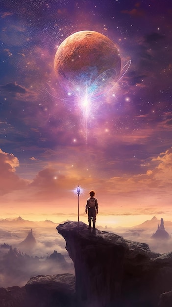 A man stands on a cliff looking at a magical planet