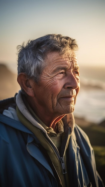 A man stands on a cliff looking out to sea