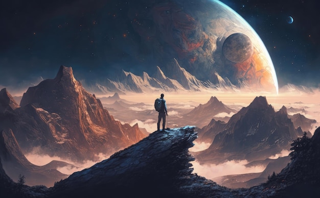 A man stands on a cliff looking at a planet with a planet in the background.