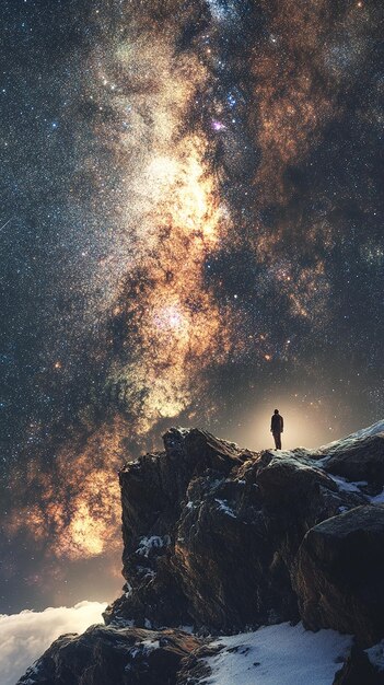 a man stands on a cliff looking at the stars