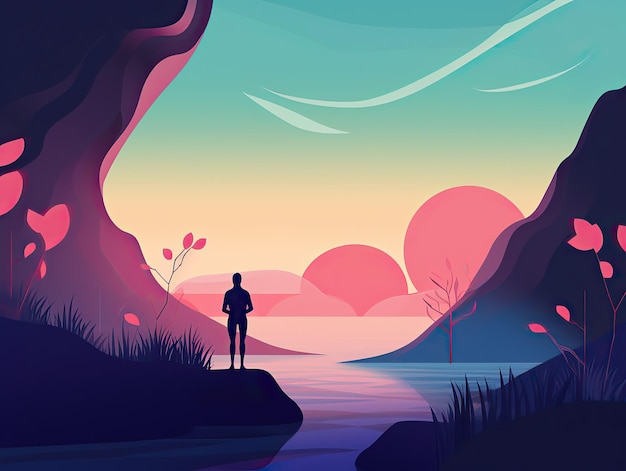 A man stands on a cliff looking at a sunset outdoor explore travel illustration