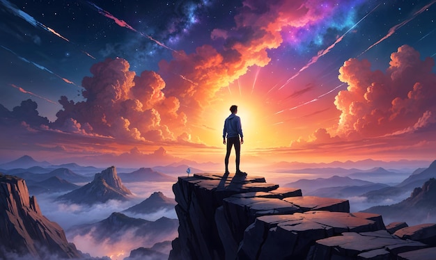 a man stands on a cliff looking at the sunset