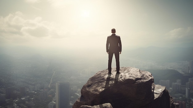 A man stands on a cliff and looks out at the city below.