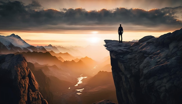 A man stands on a cliff and looks at the sunset.